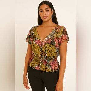Madewell Tropical Floral Blouse - Olive and Pink Size S